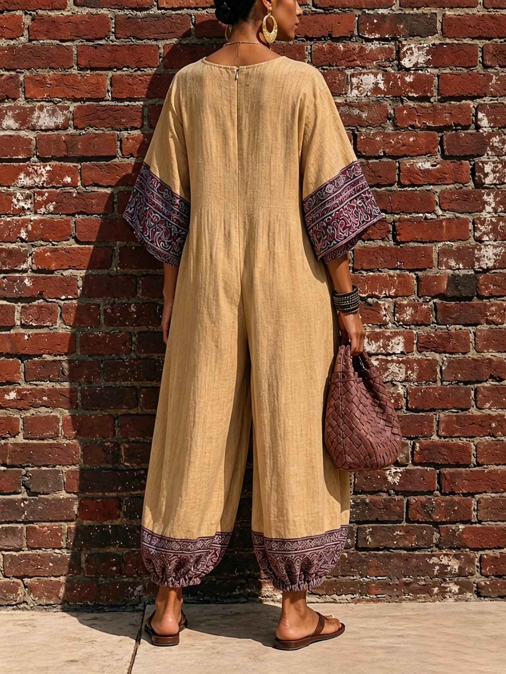 Bohemian Resort Purple Yellow Vintage Totem Print Loose Lantern Leg Jumpsuit