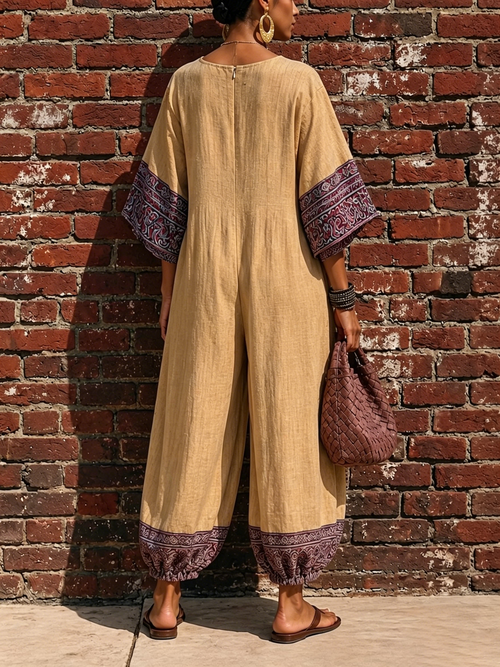 Bohemian Resort Purple Yellow Vintage Totem Print Loose Lantern Leg Jumpsuit