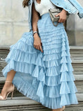 Women's Solid-color Elastic-waist A-line Tiered Mesh Skirt