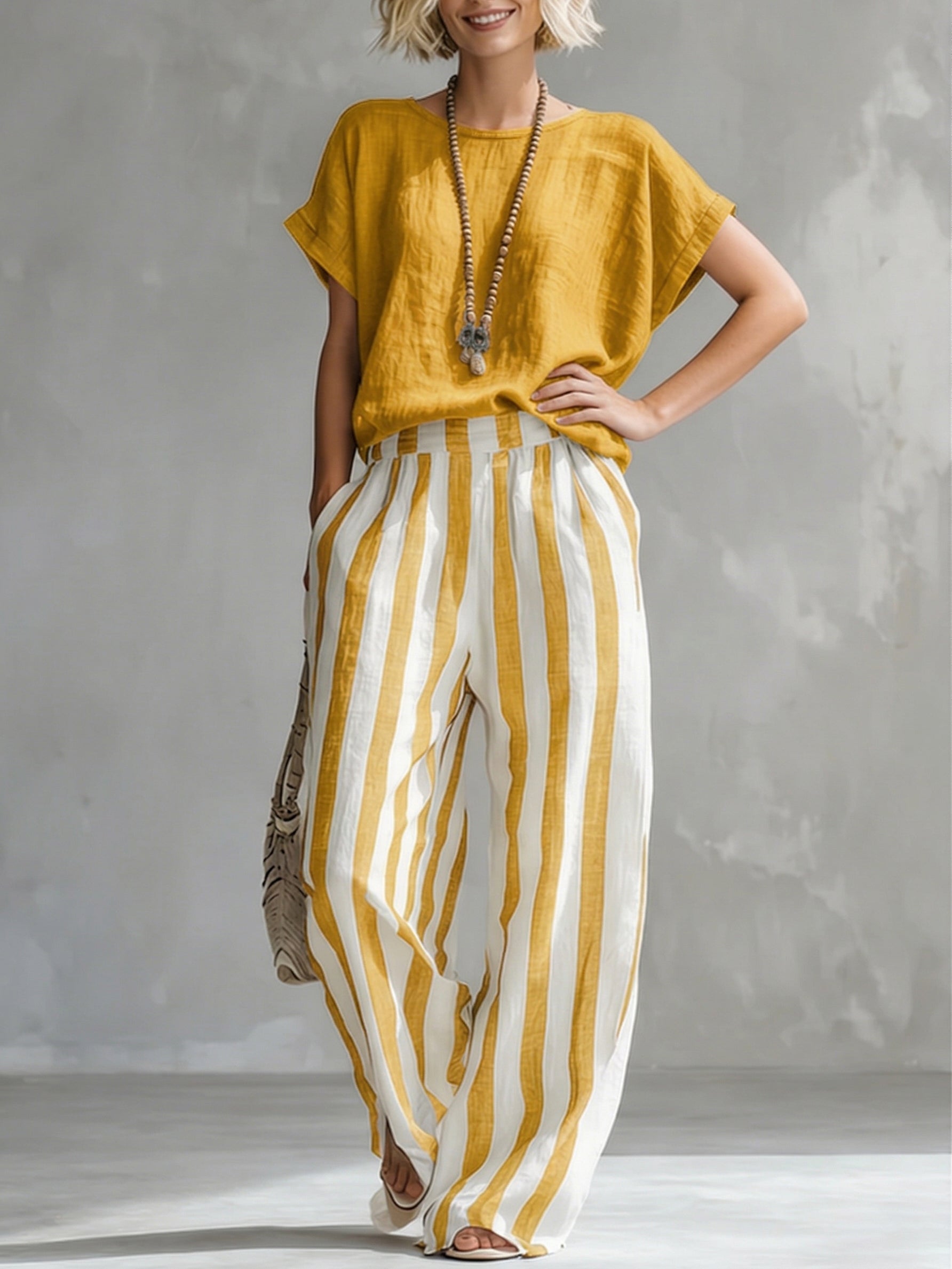 ✨⏰LAST DAY SAVE 49% ⏰Cozy Loose-fit Striped Cotton-linen Two-piece Set