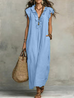 🌷Flowy Ruffle V-Neck Maxi Dress – Elegant, Slimming & Effortlessly Chic