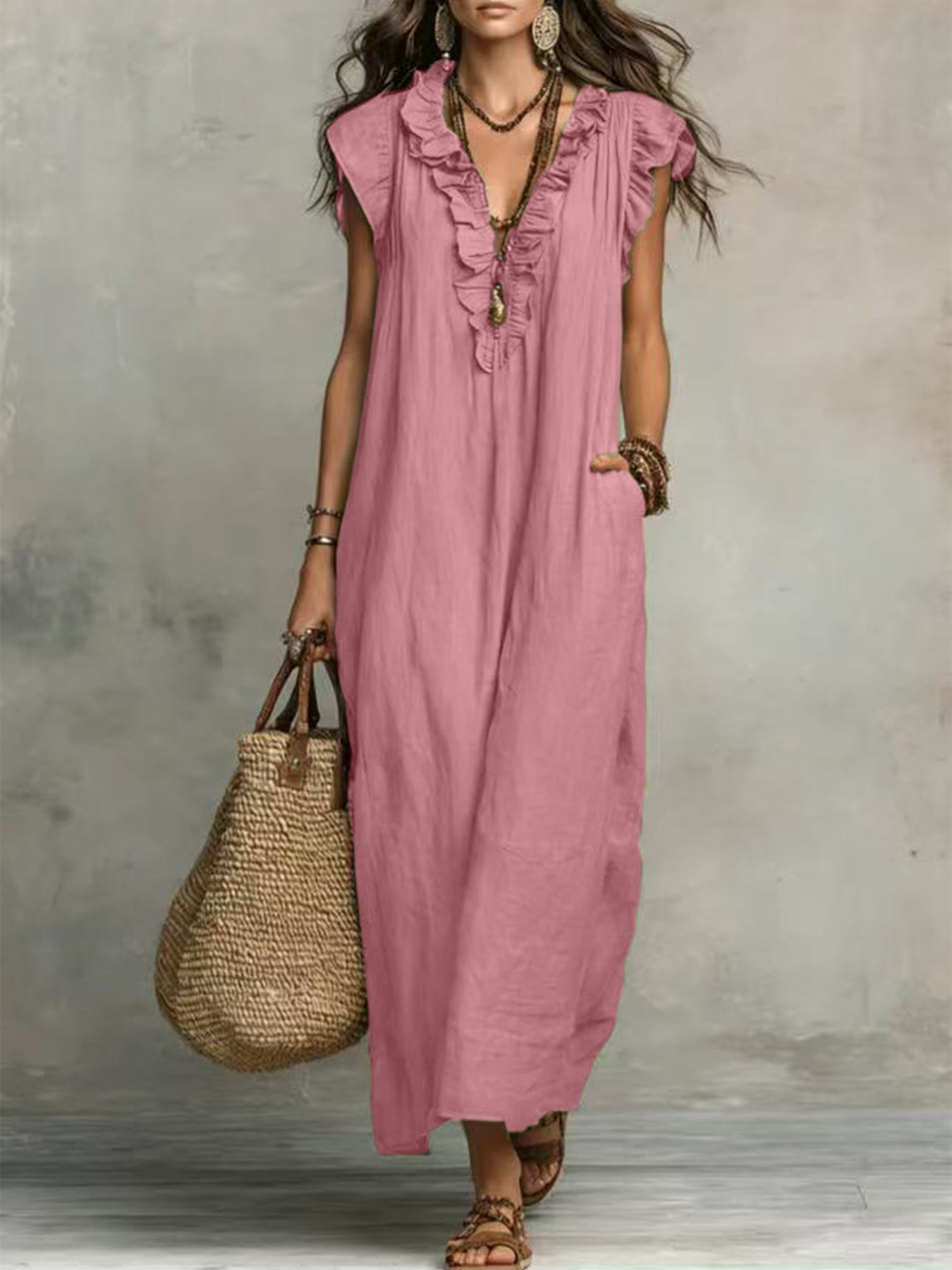 🌷Flowy Ruffle V-Neck Maxi Dress – Elegant, Slimming & Effortlessly Chic