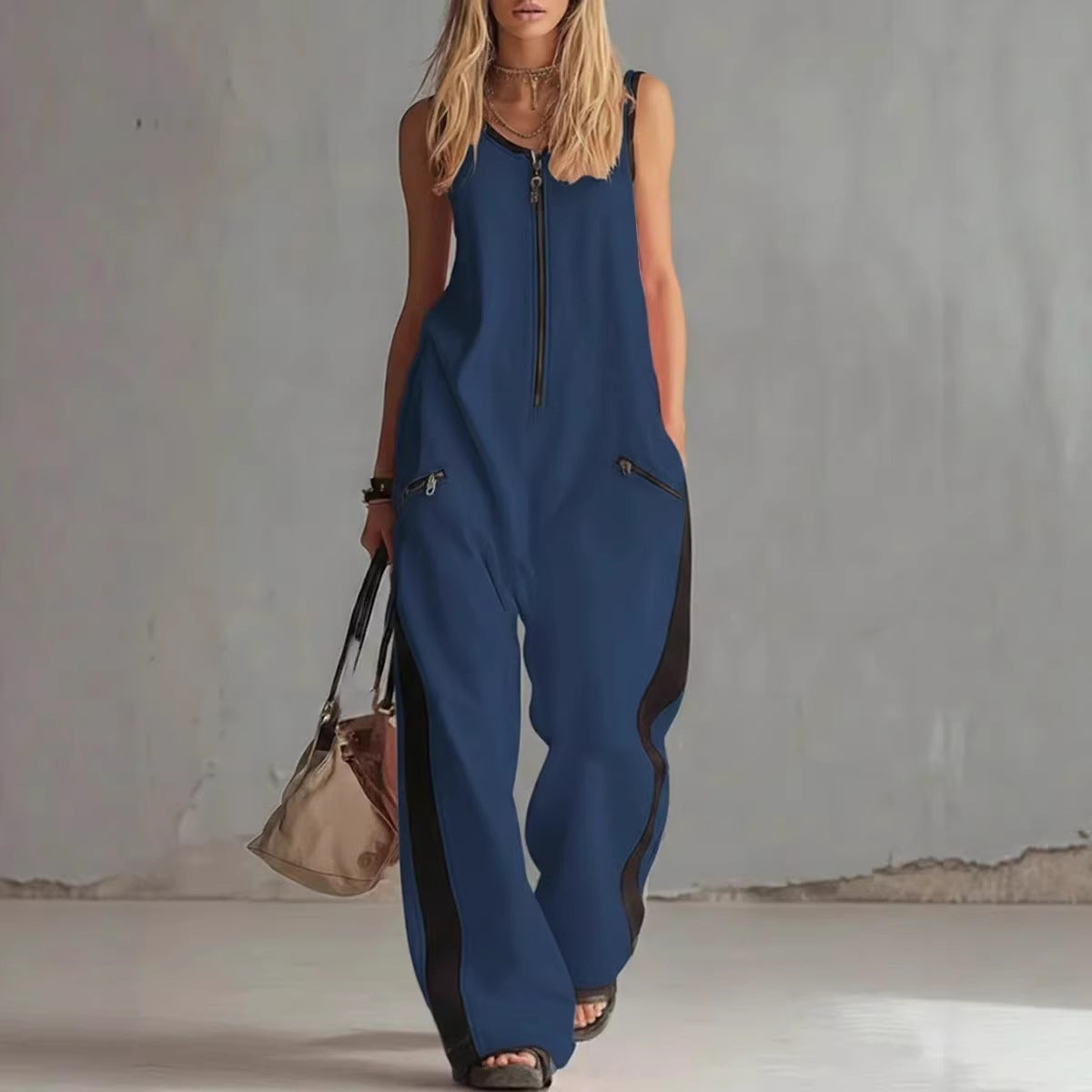 🌷Loose Sleeveless Contrast Color Pockets Zipper V-Neck Jumpsuits